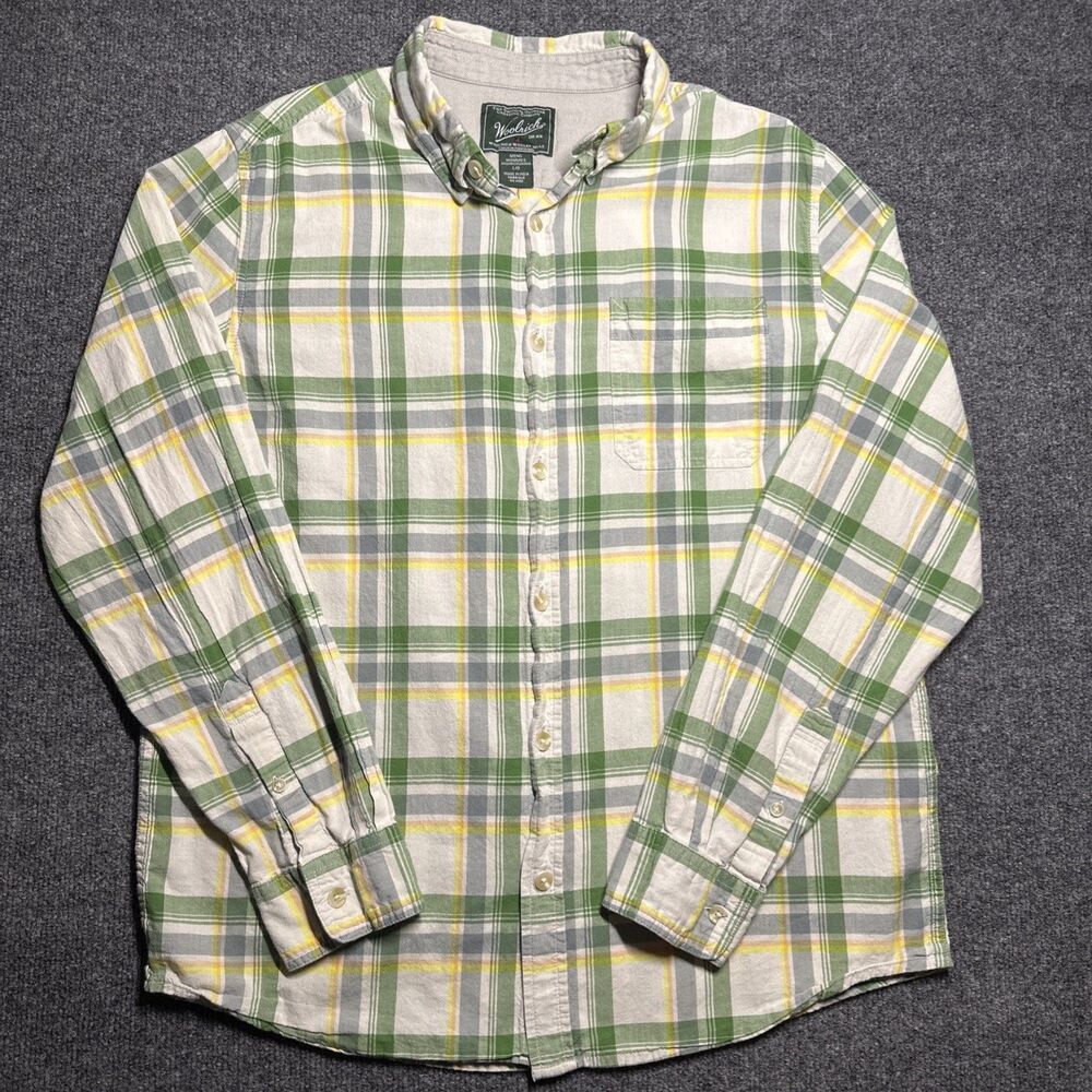 Woolrich Men's L Large Blue Green Gray Plaid Long Sleeve Shirt Button-Up